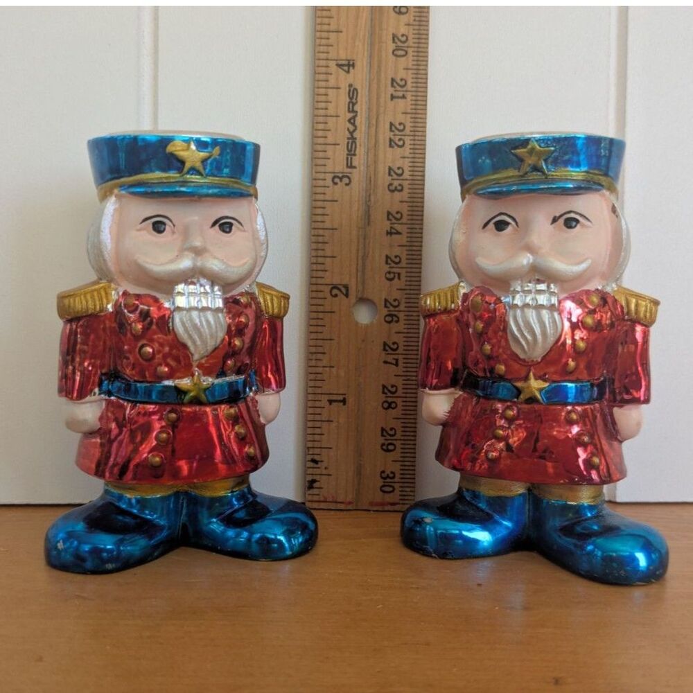 Set of 2 Shiny Metallic Nutcracker Candlestick Holders - 3" tall - Blue, Red